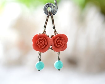 Coral Rose Earrings, Coral Flower Earrings, Spring Summer Earrings, Bridesmaid Earrings, Bridal Jewelry