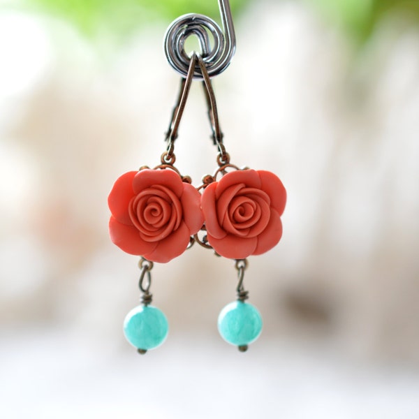 Coral Rose Earrings, Coral Flower Earrings, Spring Summer Earrings, Bridesmaid Earrings, Bridal Jewelry