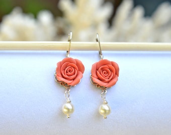 Coral Rose Earrings, Coral Flower Earrings, Summer Earrings, Bridesmaid Earrings, Bridal Jewelry