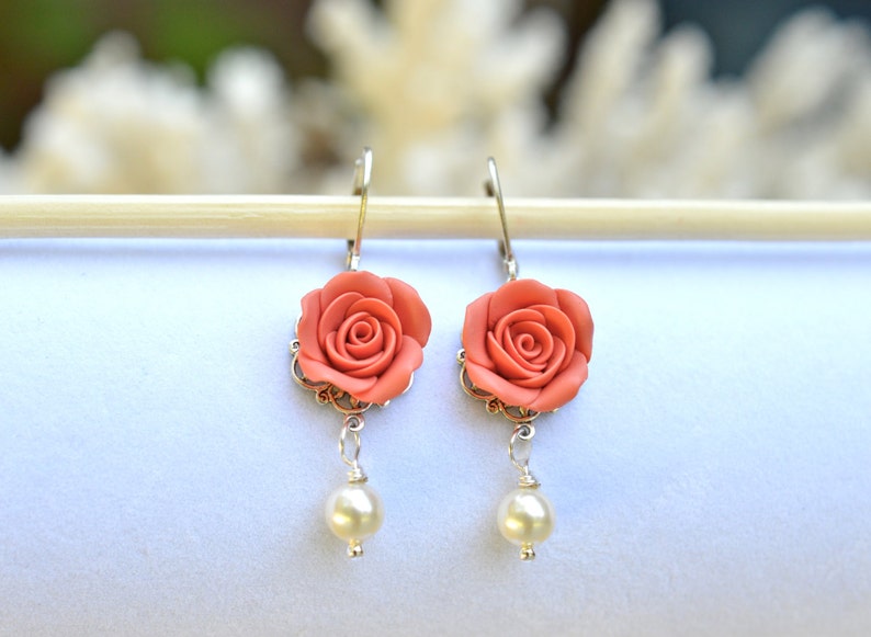 Coral Rose Earrings Bridesmaid Earrings Coral Flower Earrings Bridal Jewelry Summer Earrings