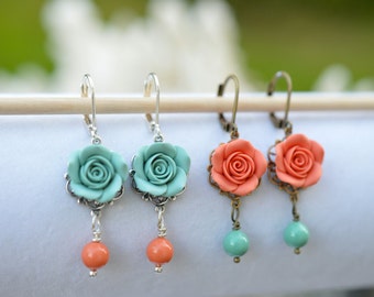 Dusty Mint and Coral Rose Earrings, Coral and Green Mint Flower Earrings, Coral and mint Bridesmaid Jewelry