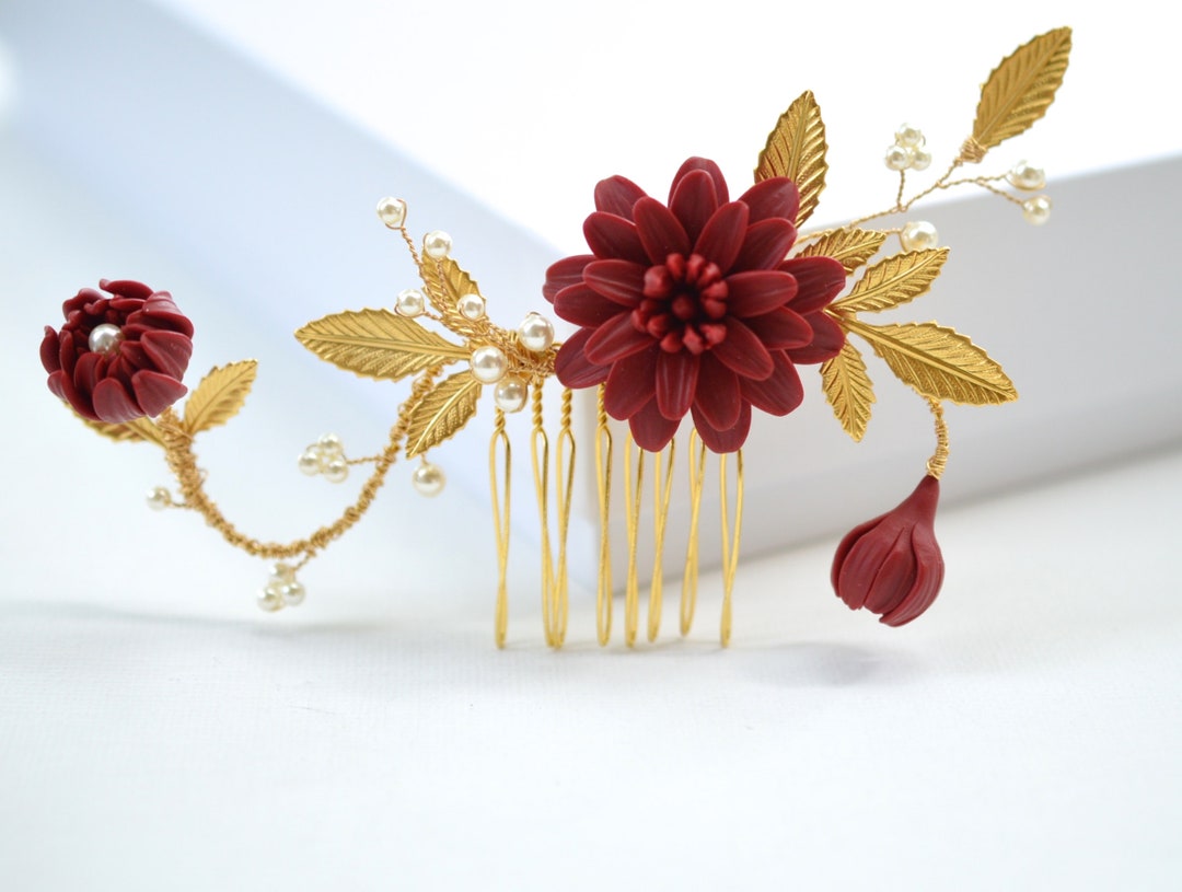 Red Garnet Dahlia and Leaves Hair Comb. Red Floral Headpiece. - Etsy