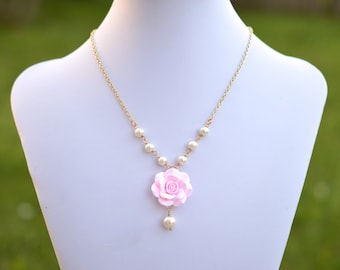 Light Pink Rose Necklace, Pink Flower Necklace, Pink Bridesmaid Necklace, Pink Rose Flower Jewelry