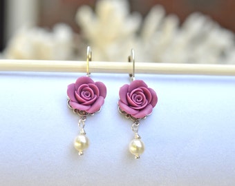 Dusty Plum Rose Earrings, Flower Earrings, Rose Earrings, Pink Bridesmaid Earrings