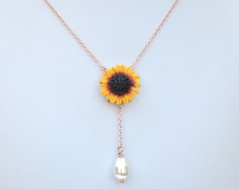 Red and Yellow Sunflower Y Drop Necklace, Sunflower Flower Y Necklace, Sunflower Jewelry, Sunflower Bridesmaid Necklace