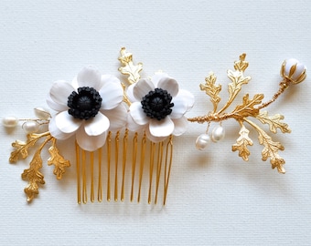 Black and White Anemone and Oak Leaf Branches Hair Comb Anemone Bridal Headpiece Flower Hair Comb . LIDIA HAIR COMB