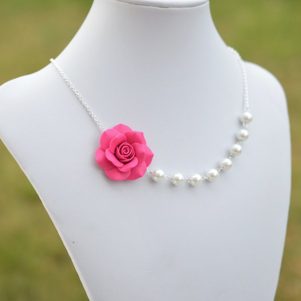 FREE Earrings, Bright  Pink Flower Jewelry, Hot Pink Rose Flower Necklace,  Asymmetrical Necklace, Bridesmaid Necklace, Neon Wedding Theme.