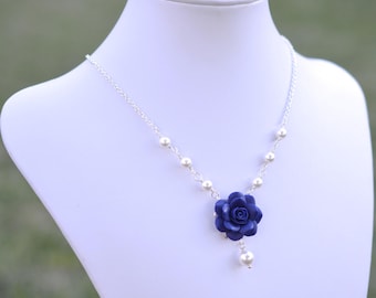Navy Blue Rose Centered Necklace. Blue Bridesmaid Necklace