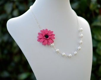 Pink Fruit Punch Gerbera Daisy Flower necklace, Gerbera Daisy Flower Necklace, Pink Bridesmaid Necklace, Asymmetrical necklace