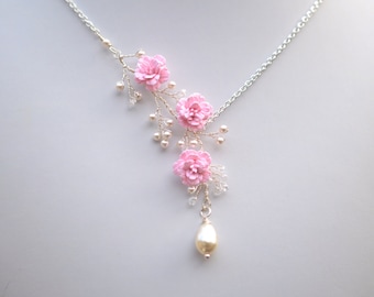 Trio Pink Sakura Flower Blossom/ Cherry Branch  Vine Necklace. Spring Flower necklace.