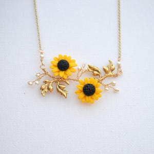 Yellow Sunflower and Leaves Vine necklace. Double Sunflower Necklace. Flower vine necklace