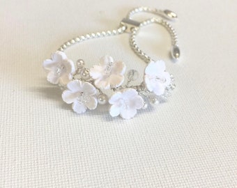 White Cherry Blossom Vine  Bracelet.  White Floral Adjustable Bracelet. Rose Gold Vine Flower Bracelet.