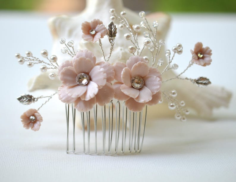 Nude/Beige Cherry Blossom/Sakura Bridal Hair Comb. Cherry Blossom Bridal Headpiece. Bridal Hair Comb Headpiece. MEGAN image 4