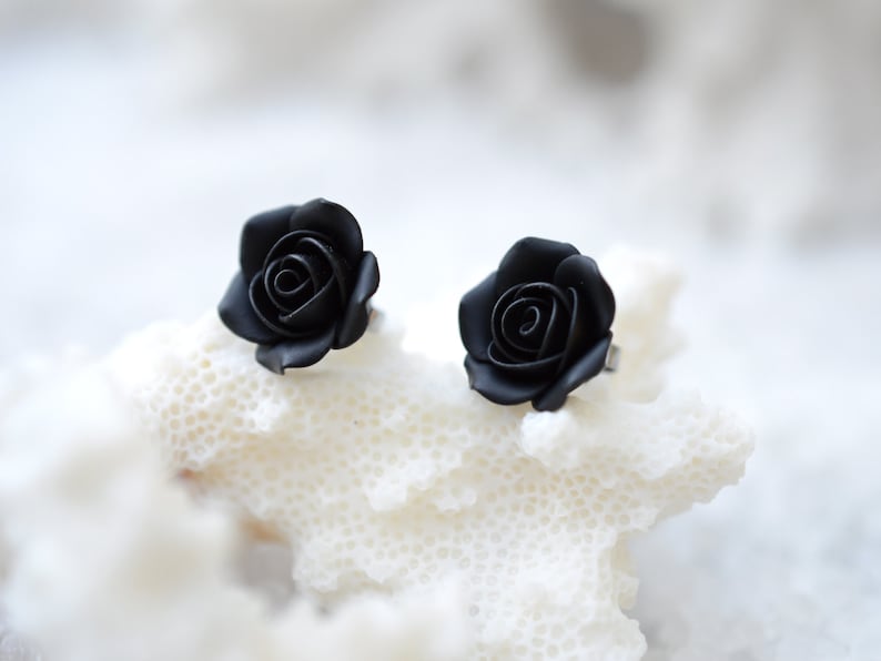 Black Rose Post Earring, Black Rose Stud Earrings, Black Flower Earrings, Floral Earrings image 4