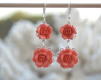 Double Roses Earrings in Coral Orange. Coral Flower Earrings. Coral Bridesmaid Earrings