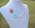 Coral and Mint Roses Asymmetrical Necklace . Free Pearl Earrings. Coral and Mint Bridesmaid Necklace.