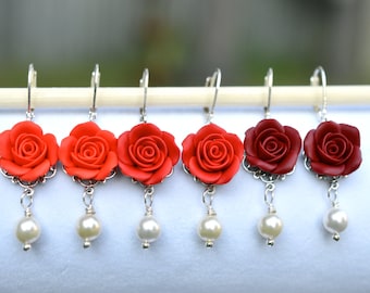 Red Rose and Pearls Earrings, Dangle Rose Earrings, Red Rose Earrings, Rose Earrings, Flower Earrings