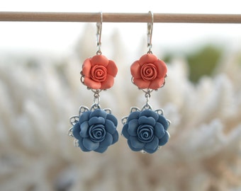 Mardy Double Roses Statement Earrings in Dusty Blue and Coral Orange