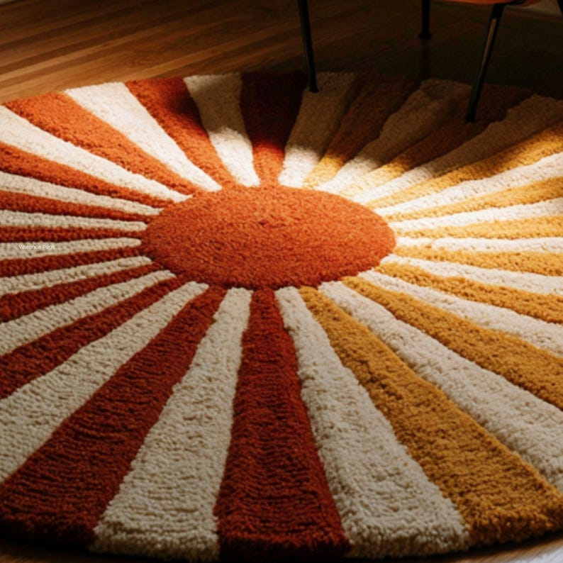 May include: A circular shag rug featuring a central burnt orange circle with radiating stripes in alternating colors of burnt orange, mustard yellow, and cream. The textured pile creates a sunburst pattern that extends from the center to the edge.