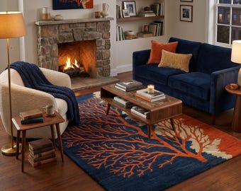 Coastal Coral Blue Area Rug – Navy Burnt Orange Tree Branch Carpet