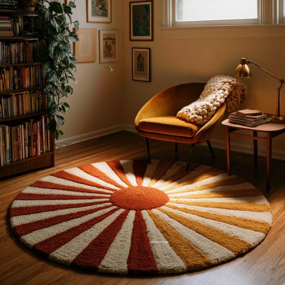 Round Sunburst Rug, Mid Century Mustard & Terracotta Hand Tufted Wool Area Rug