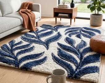 Hand Tufted Botanical Leaf Wool Rug: Navy Blue, Ivory, 9x12 Feet