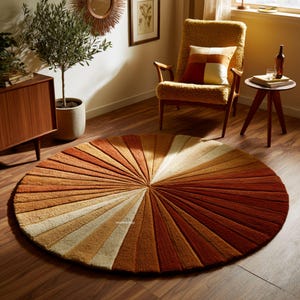 Tappeto rotondo Sunburst color terracotta, stile retrò Mid-Century Modern, trapuntato a mano per soggiorno.
