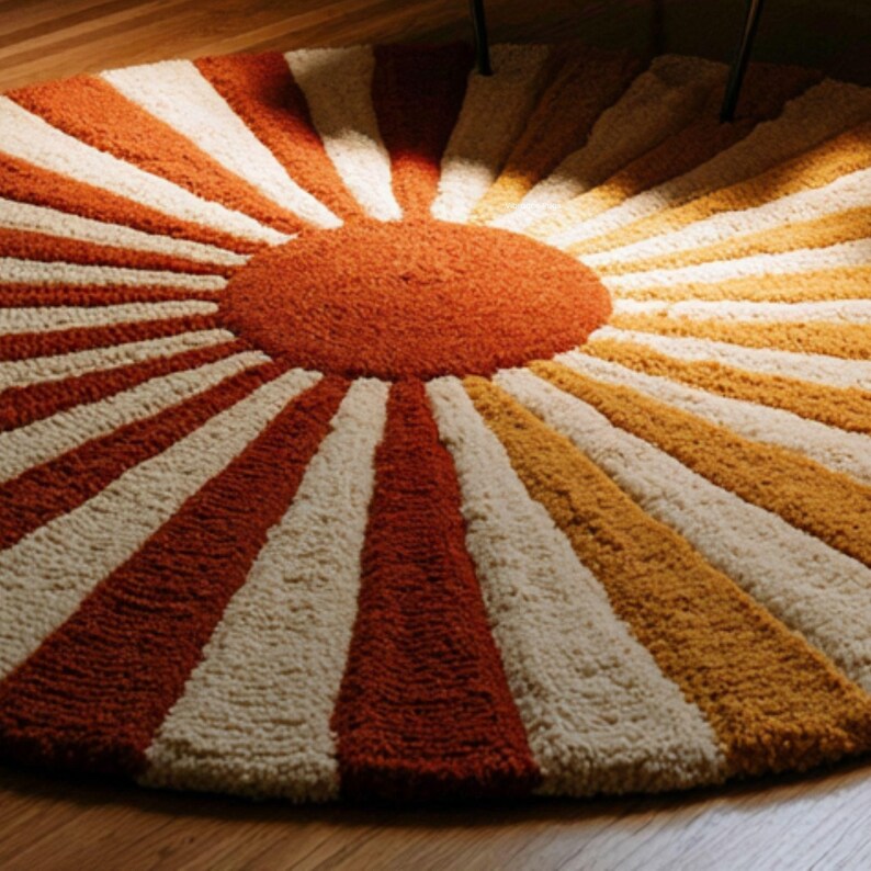 May include: A circular rug featuring a textured, shaggy pile with a sunburst pattern. The design consists of a solid burnt orange center circle surrounded by alternating radiating stripes in cream, burnt orange, and golden yellow colors.