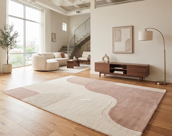 Abstract Mauve Pink & Cream Tufted Area Rug | Custom Luxury Soft Carpet For Living Room