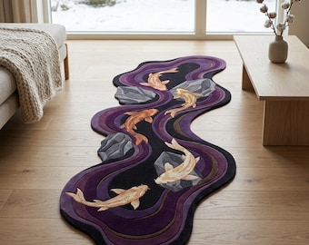 Purple Koi Fish Wool Rug, Irregular Runner Carpet For Living Room, Kitchen Room