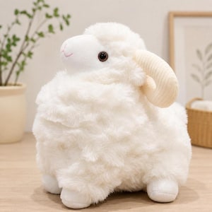 May include: A plush stuffed animal shaped like a sheep with thick, white, fluffy fur. The sheep has a smooth white face, dark brown eyes, a small pink stitched mouth, and two curved, ribbed, light beige horns on the sides of its head.