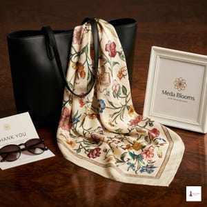 Puede incluir: Un bolso tote de cuero negro drapeado con un pañuelo de seda color crema con un estampado floral multicolor. Al lado hay un letrero blanco enmarcado con el texto Meda Blooms, una tarjeta de agradecimiento y gafas de sol oscuras.
