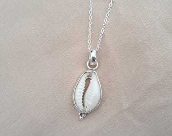 Sterling Silver Cowrie Shell Necklace, Beach Jewelry