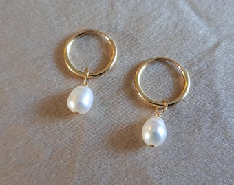 Dainty 14K Gold Filled Pearl Hoop Earrings: Tarnish Resistant