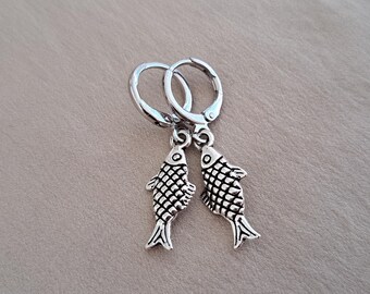 Silver Fish Huggy Earrings, Beach Jewelry