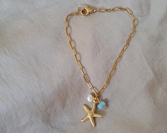 Gold Charm Bracelet Starfish, Pearl & Larimar Charm Bracelet Beach Inspired Charm Bracelet
