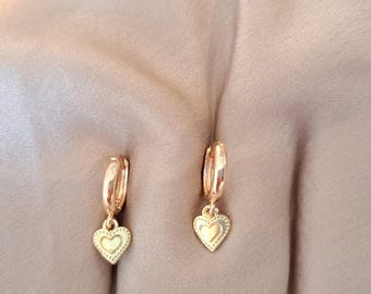 18K Gold Plate Heart Huggy Earrings: Dainty Textured Hoops