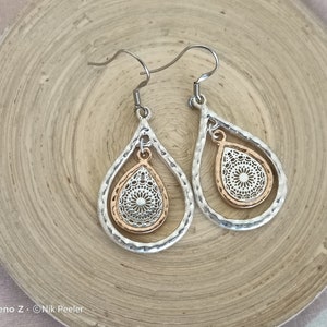 Silver Moroccan Inspired Earrings 2 Tone Moroccan Teardrop Filigree Earrings Stainless Steel Boho Earrings