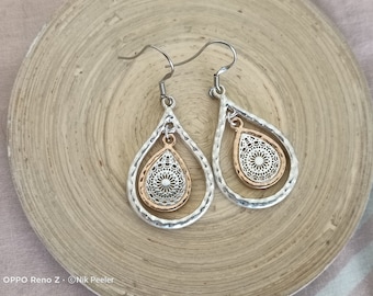 Moroccan Teardrop Earrings: Two-Tone Filigree Boho Style