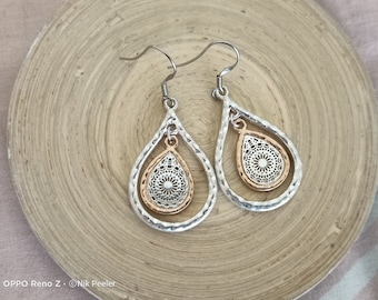 Silver Moroccan Inspired Earrings 2 Tone Moroccan Teardrop Filigree Earrings Stainless Steel Boho Earrings