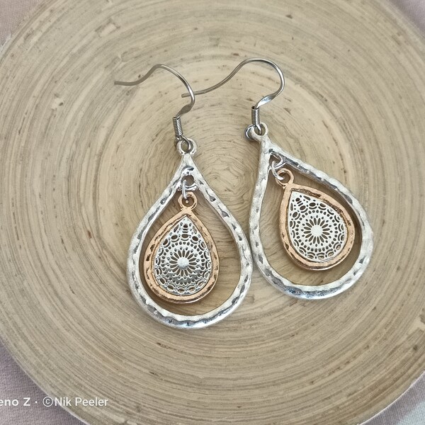 Moroccan Teardrop Earrings: Two-Tone Filigree Boho Style