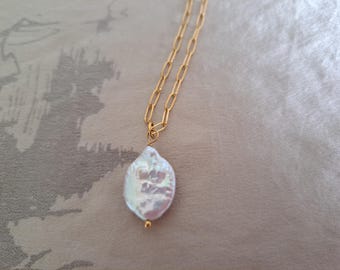 18K Gold Plate Tarnish Resistant Pearl Necklace Large Baroque Pearl Necklace