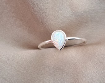 925 Sterling Silver White Opal Ring  Silver Opal Ring Pear Shape  Fire Opal Ring Silver Ring Opal Ring Ring Gift For June Birthday Gift