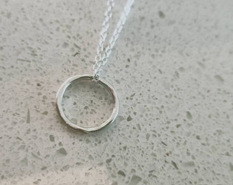 Sterling Silver Floating Hammered Circle on Sterling Silver Chain Organic Silver Circle on Silver Chain Minimalist Silver Necklace