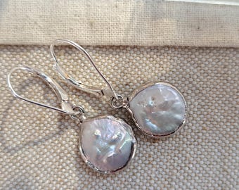 Sterling Silver Leverback Earrings, Baroque Coin Pearl Dangle