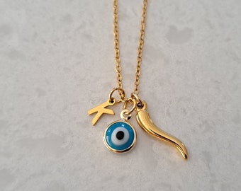 Gold Plate Personalised Initial Jewelery Mati Necklace Gold Plate Cornichello Protection Evil Eye Necklace