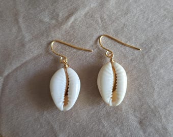 18K Gold Plated Cowrie Shell Earrings, Hypoallergenic Huggies
