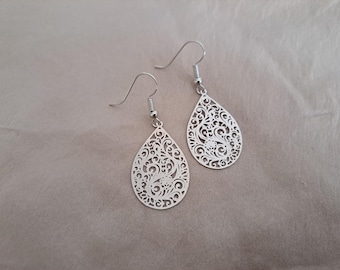 Silver Filigree Teardrop Earrings: Boho Laser Cut Stainless Steel Hooks