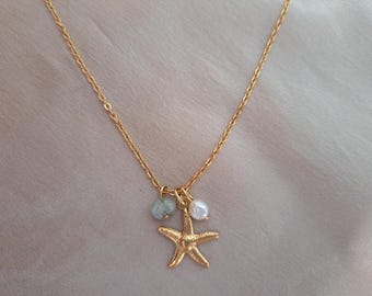 Gold Starfish Necklace: Pearl & Aquamarine, Beach Jewelry