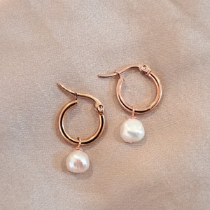 Baroque Pearl Earrings White Fresh Water Pearl Earrings  Rose Gold Surgical Steel Huggy Earrings Hypoallergenic Rose Gold Hoop Earrings